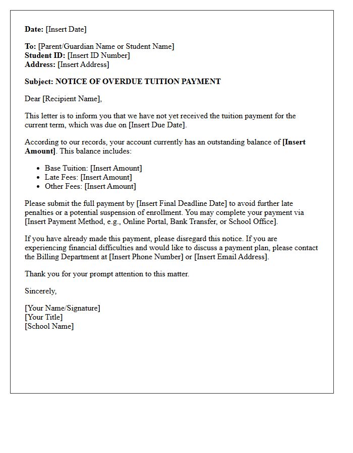 Notice of Overdue Tuition Payment Letter