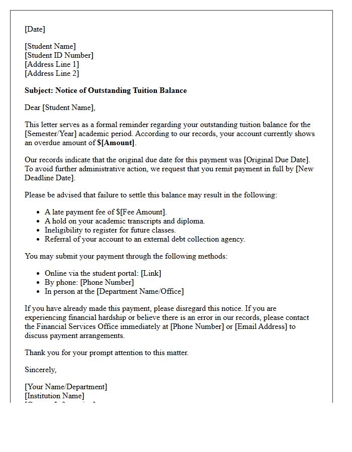 Tuition Balance Reminder Letter for Debt Collection