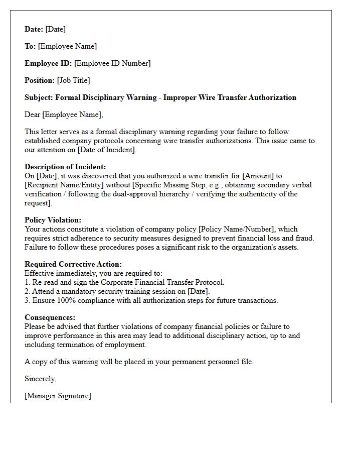 Disciplinary Warning Letter for Improper Wire Transfer Authorization