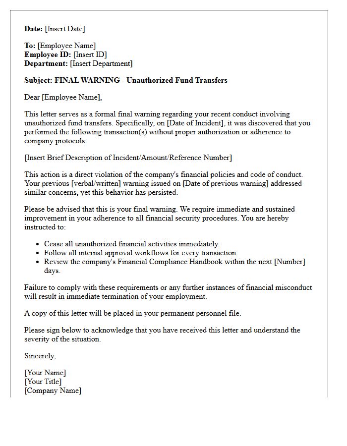 Final Warning Letter for Unauthorized Fund Transfers