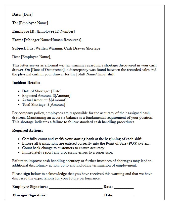 First Warning Letter for Cash Drawer Shortage