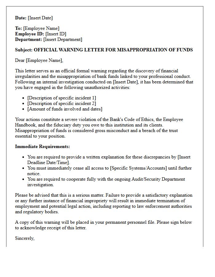Official Warning Letter for Misappropriation of Bank Funds