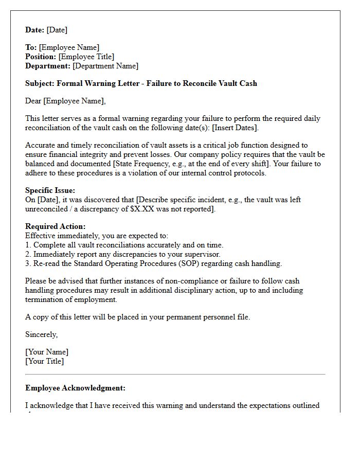 Warning Letter for Failure to Reconcile Vault Cash