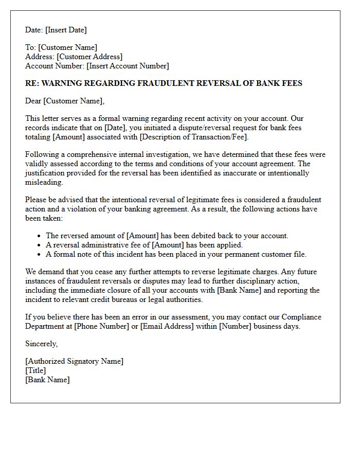 Warning Letter for Fraudulent Reversal of Bank Fees
