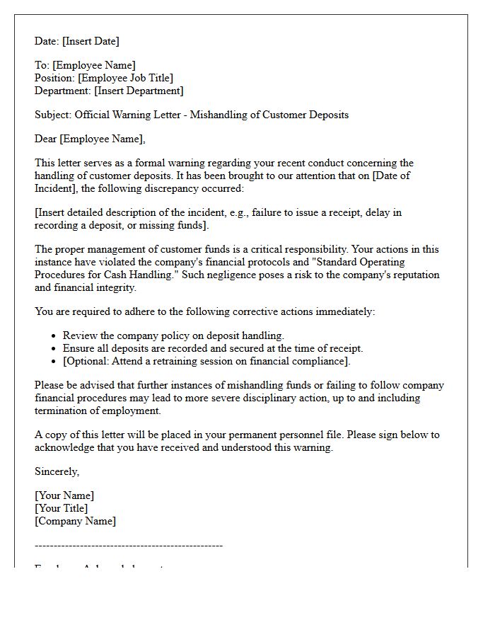 Warning Letter for Mishandling of Customer Deposits