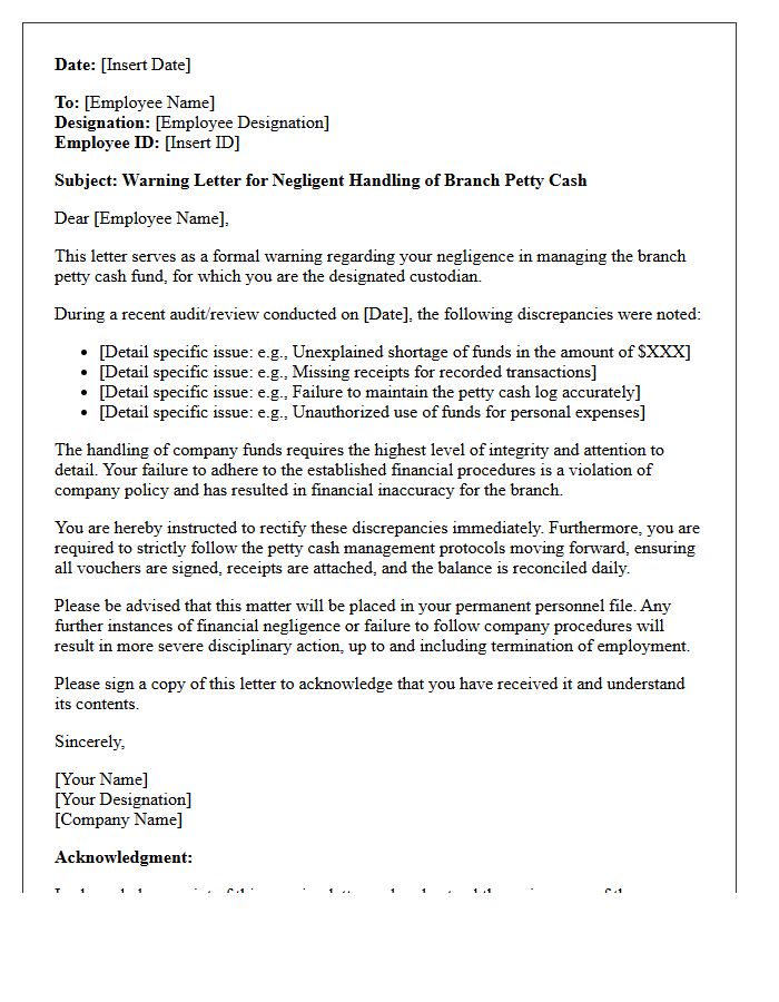Warning Letter for Negligent Handling of Branch Petty Cash