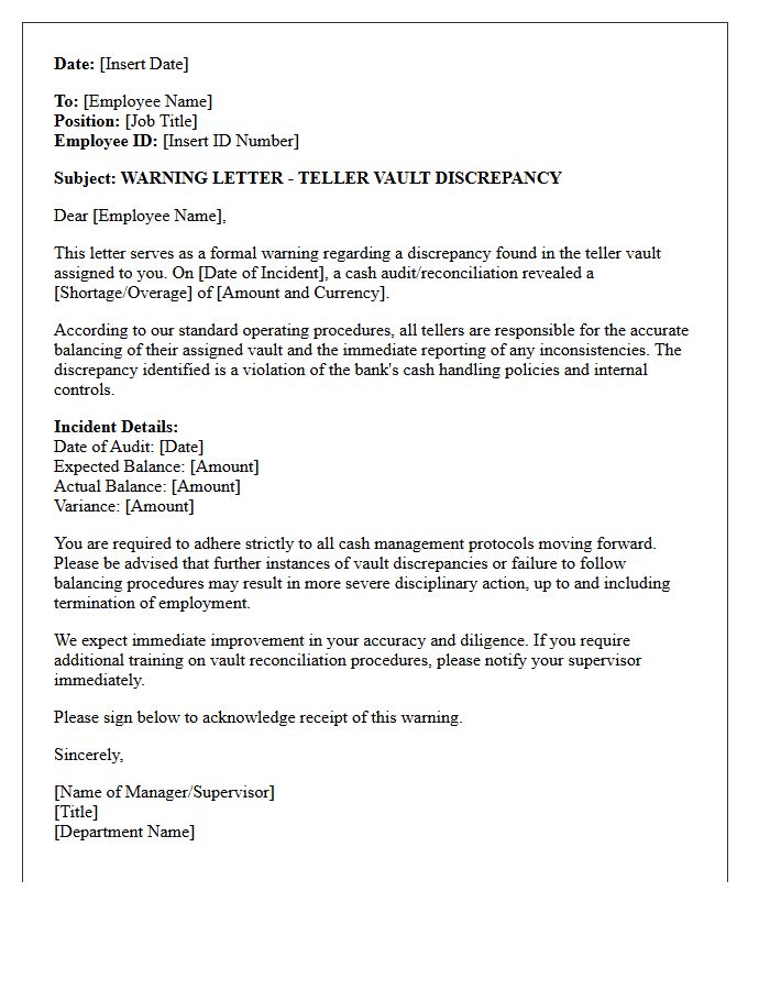 Warning Letter for Teller Vault Discrepancies
