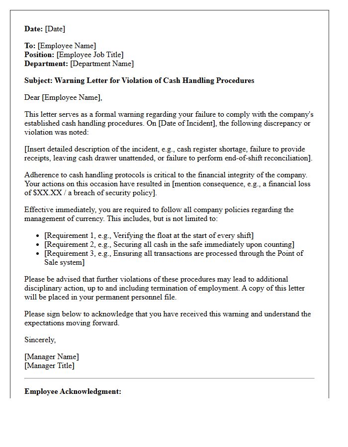 Warning Letter for Violation of Cash Handling Procedures