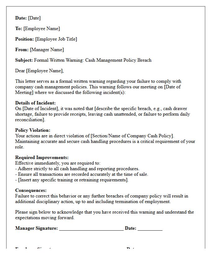 Written Warning Letter for Cash Management Policy Breach