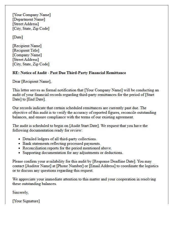 Audit Notification Letter for Past Due Third-Party Financial Remittance
