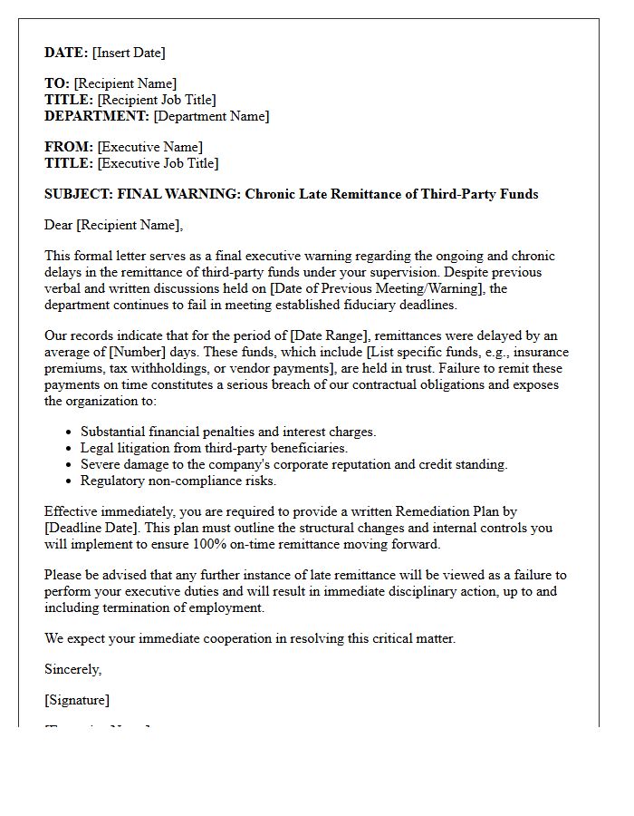 Executive Warning Letter for Chronic Late Remittance of Third-Party Funds