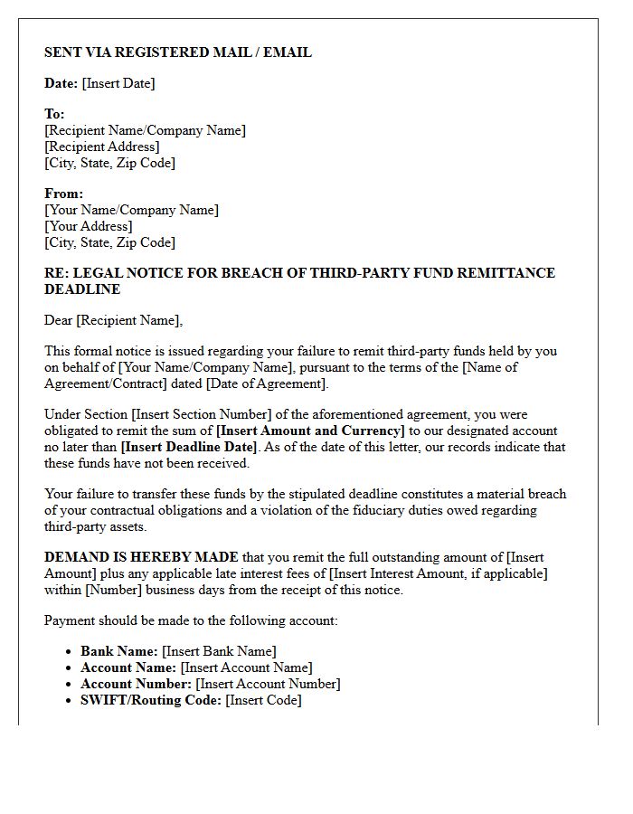 Legal Notice Letter for Breach of Third-Party Fund Remittance Deadlines