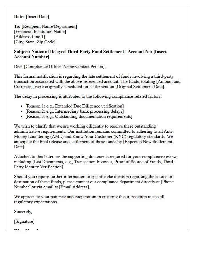 Official Banking Compliance Letter for Late Third-Party Fund Settlement