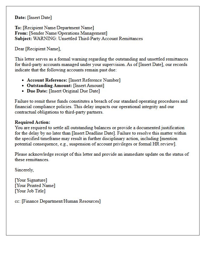 Operations Warning Letter for Unsettled Third-Party Account Remittances