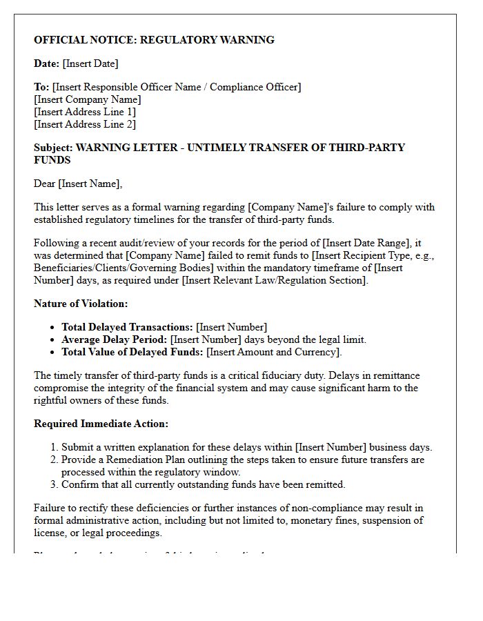 Regulatory Warning Letter for Untimely Transfer of Third-Party Funds