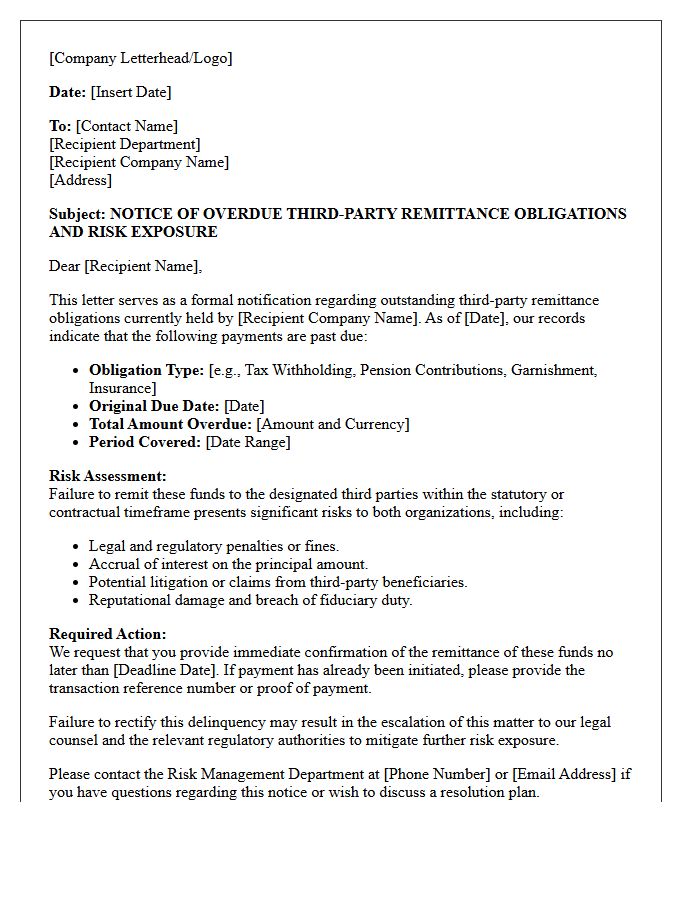 Risk Management Letter for Overdue Third-Party Remittance Obligations