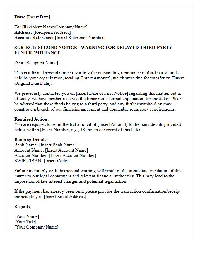 Second Notice Warning Letter for Delayed Third-Party Fund Remittance