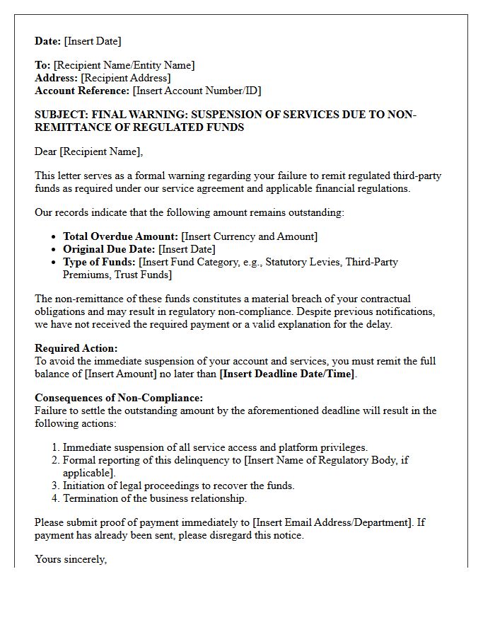 Suspension Warning Letter for Non-Remittance of Regulated Third-Party Funds
