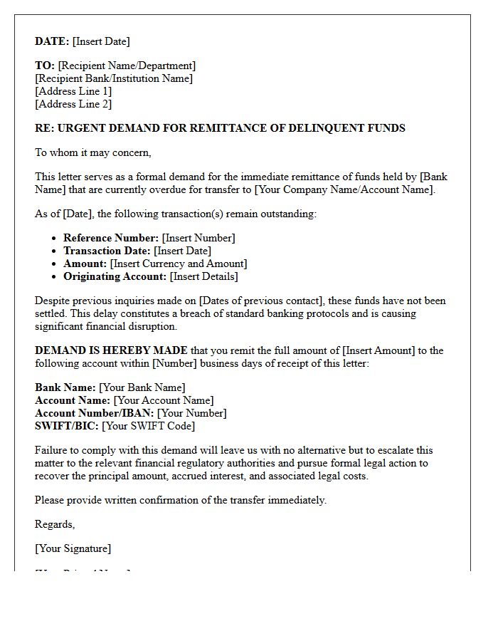 Urgent Demand Letter for Delinquent Remittance of Third-Party Bank Funds