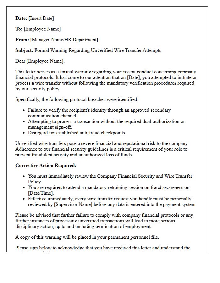 Employee Warning Letter for Unverified Wire Transfer Attempts