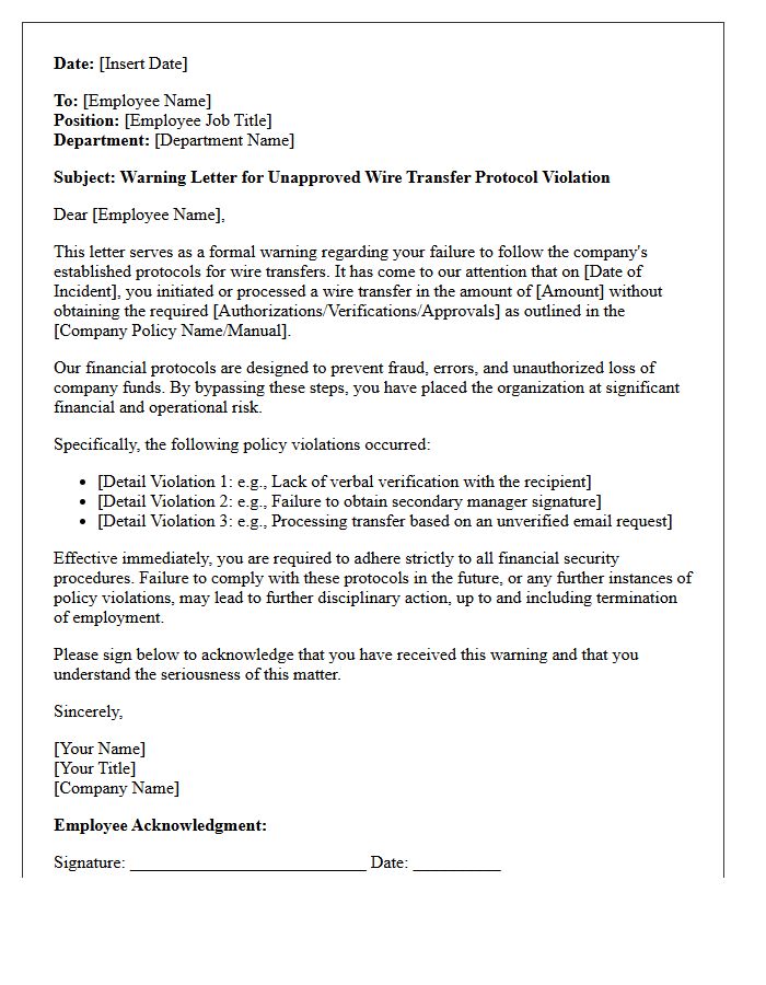 Warning Letter for Unapproved Wire Transfer Protocol Violation