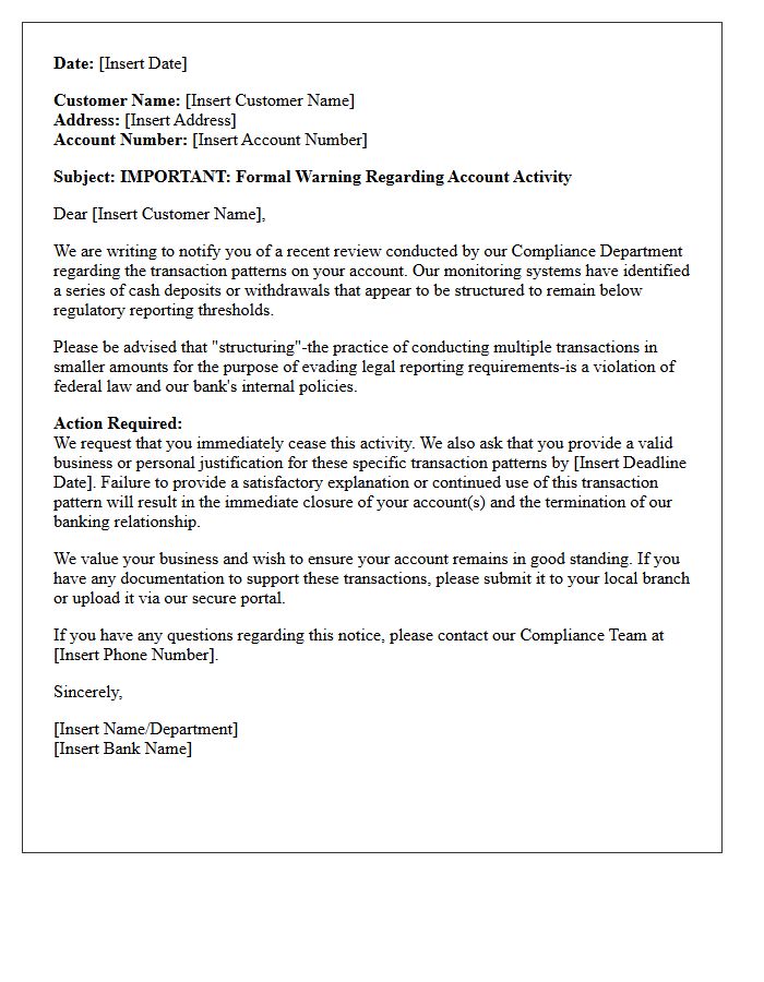 Account Closure Warning Letter Due to Structuring Transactions