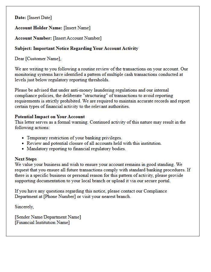 Account Restriction Warning Letter for Suspected Structuring