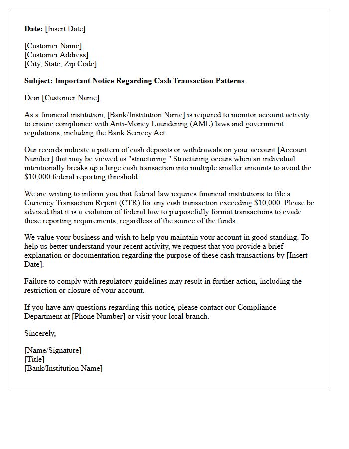Anti-Money Laundering Compliance Letter Regarding Cash Structuring