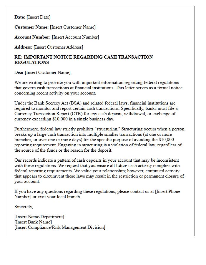 Bank Secrecy Act Violation Warning Letter for Cash Deposits