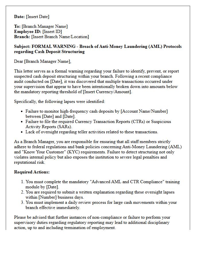Branch Manager Warning Letter for Cash Deposit Structuring