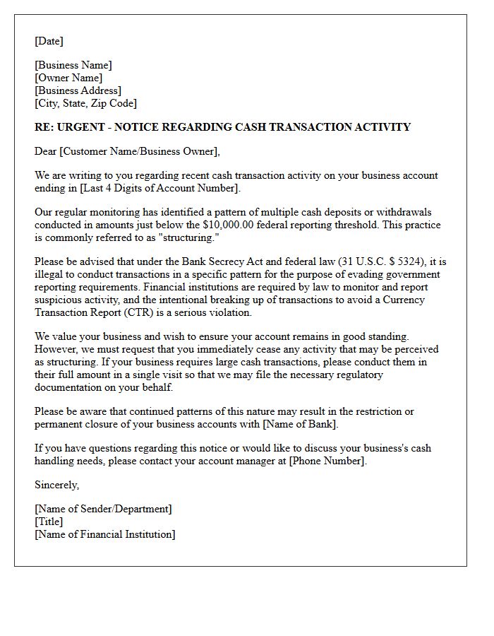 Business Account Warning Letter for Cash Structuring Activities