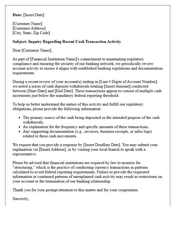 Compliance Inquiry Letter Regarding Suspicious Cash Structuring