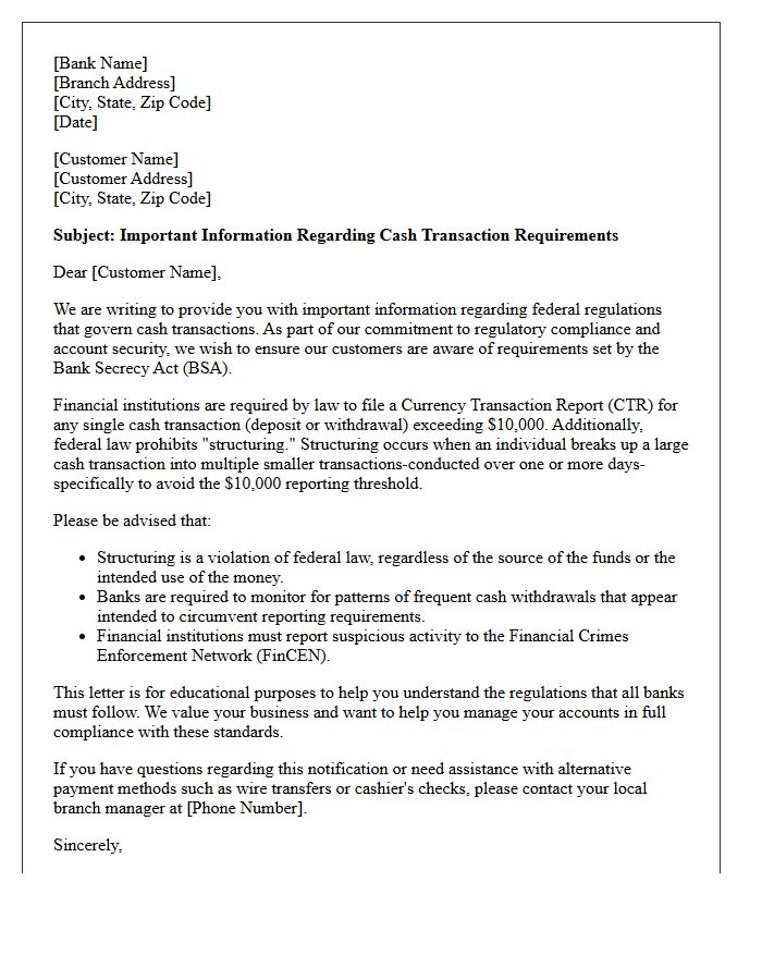 Customer Notification Letter for Structured Cash Withdrawals