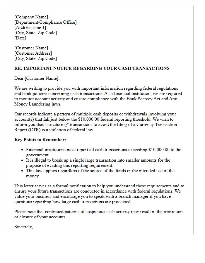 Initial Warning Letter for Suspected Cash Structuring