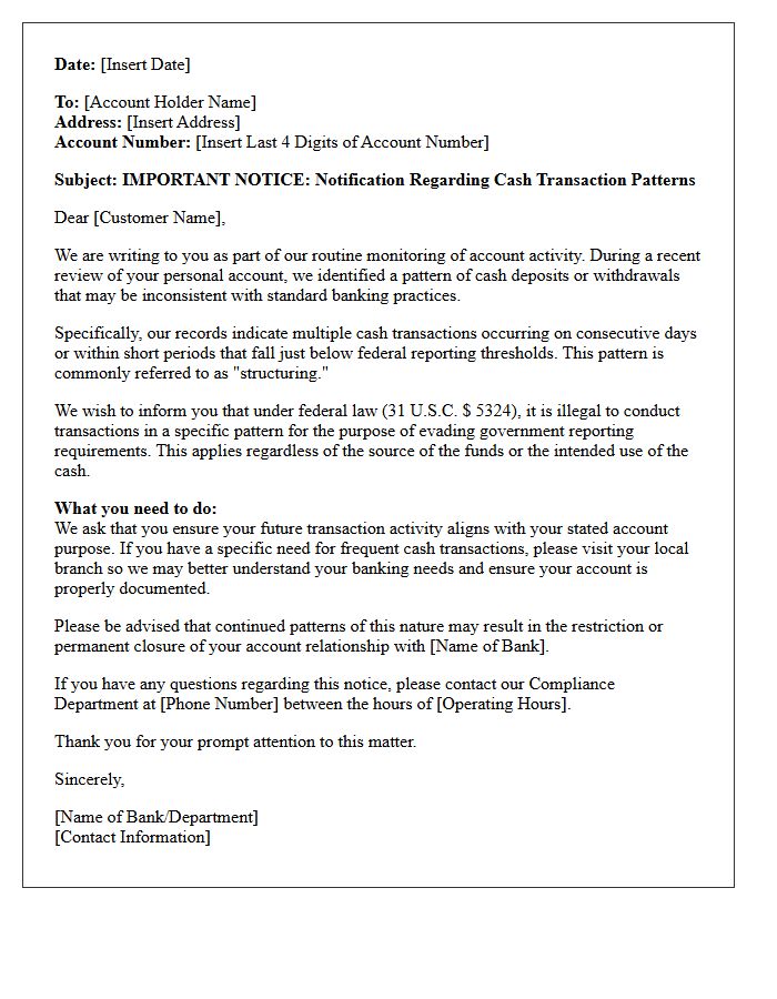 Personal Account Warning Letter for a Pattern of Structured Cash