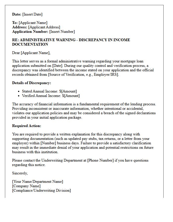 Administrative Warning Letter for Discrepant Income on Mortgage Application