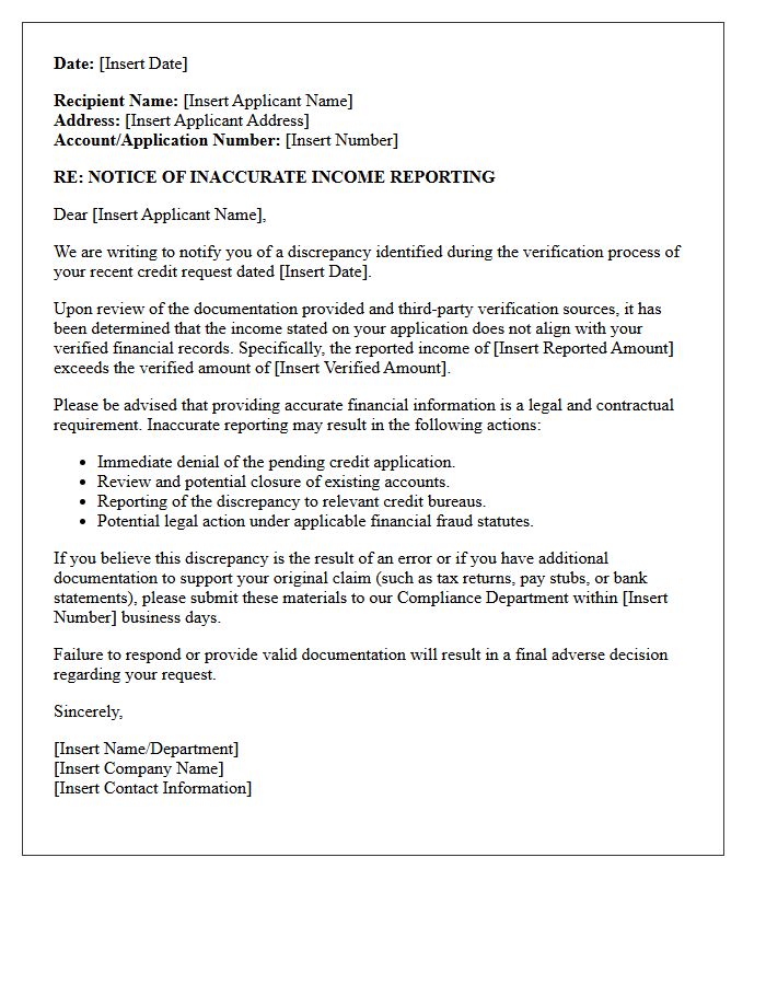 Compliance Warning Letter for Inaccurate Income Reporting on Credit Request
