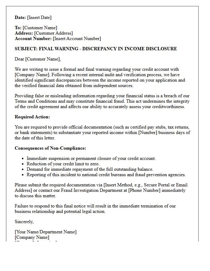 Final Warning Letter for Fraudulent Income Disclosure on Credit Account
