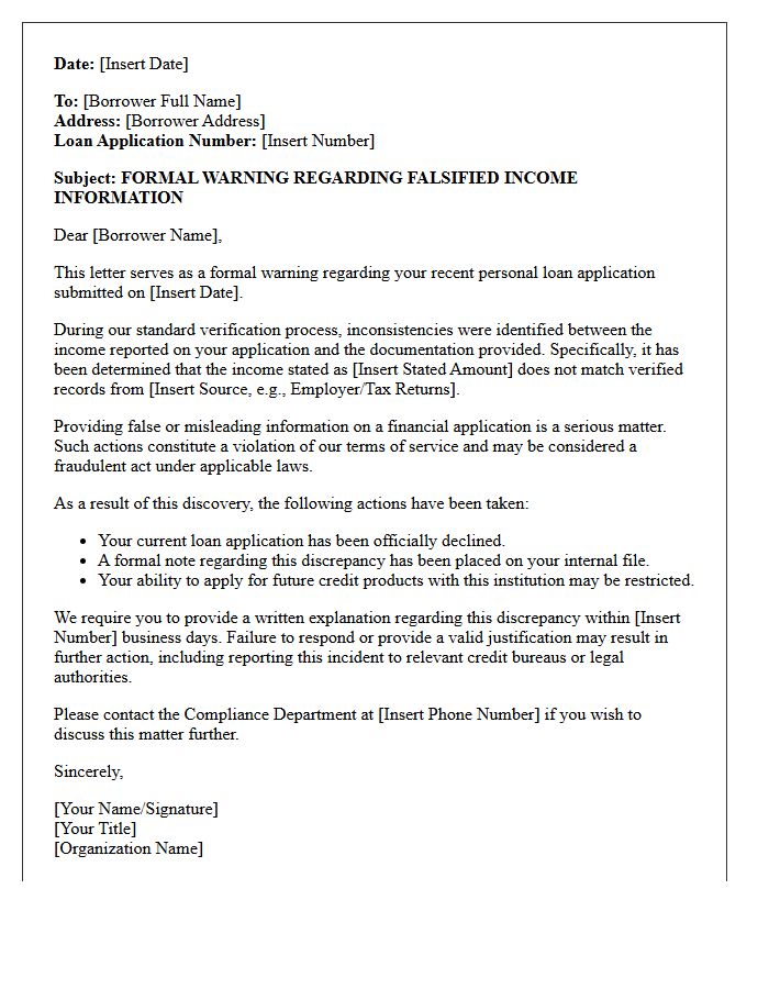 Formal Warning Letter Regarding Falsified Income on Personal Loan Application
