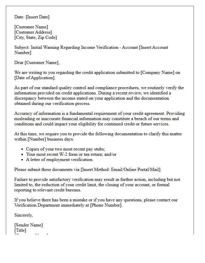 Initial Warning Letter for Misrepresentation of Income on Credit Application