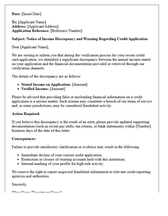 Notice and Warning Letter of Income Discrepancy on Credit Card Application