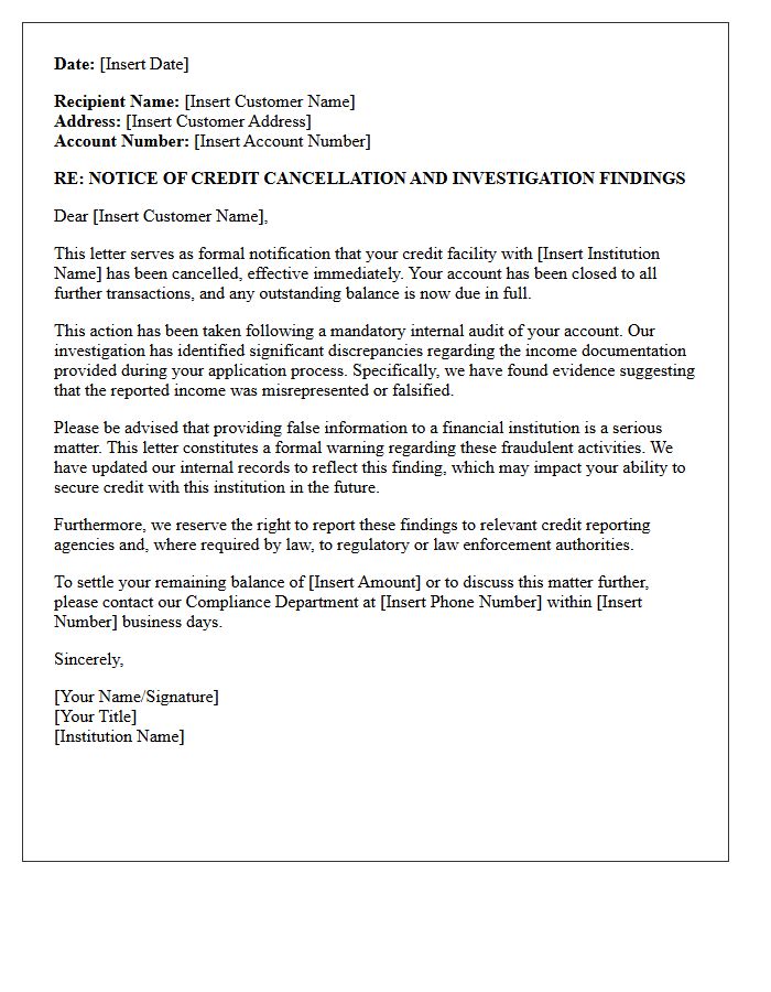 Notice of Credit Cancellation and Warning Letter for Income Fraud