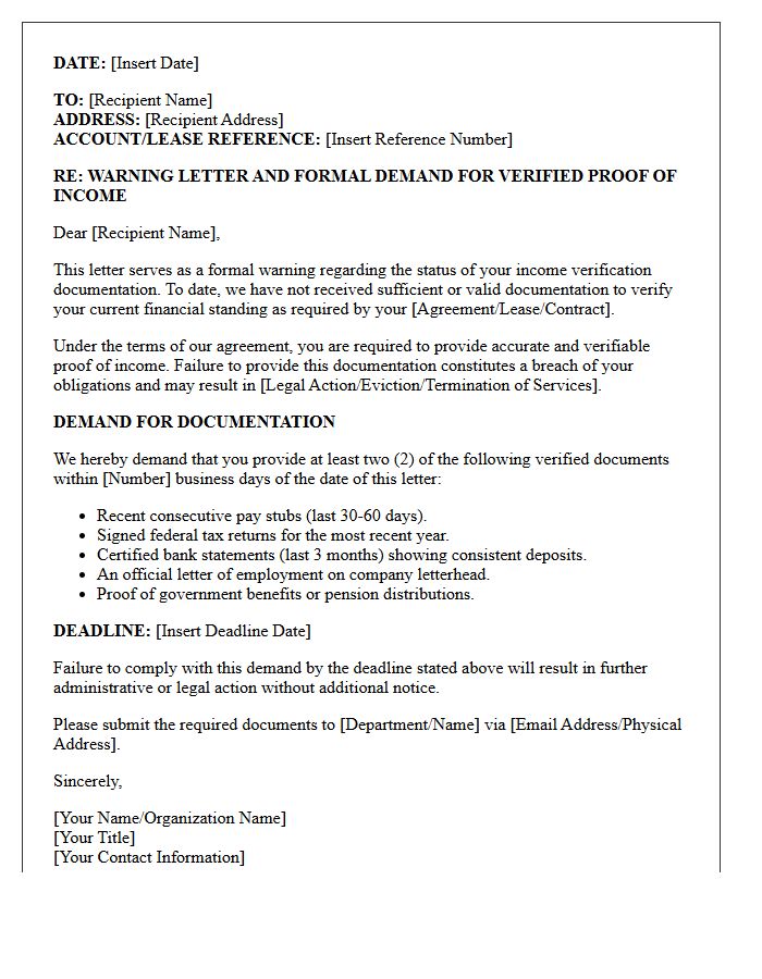 Warning Letter and Demand for Verified Proof of Income Documentation