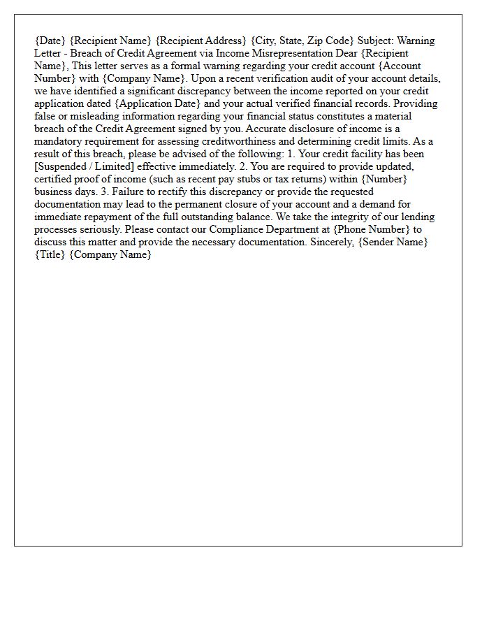 Warning Letter for Breach of Credit Agreement via Income Misrepresentation