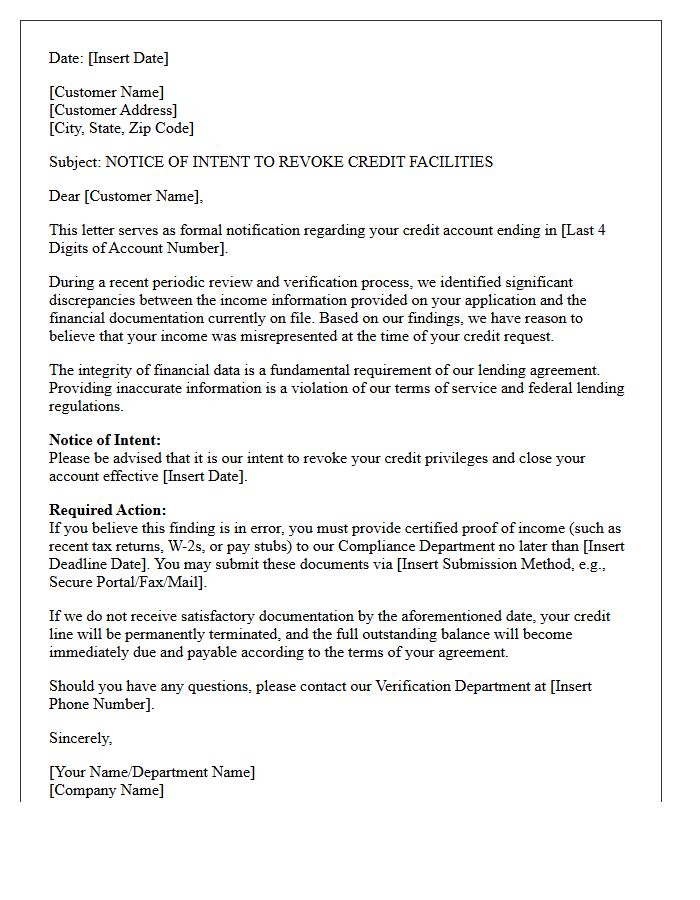 Warning Letter of Intent to Revoke Credit Due to Income Misrepresentation
