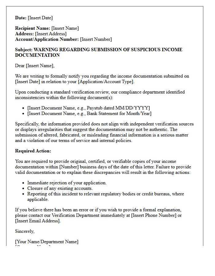 Warning Letter Regarding Submission of Suspicious Income Documentation