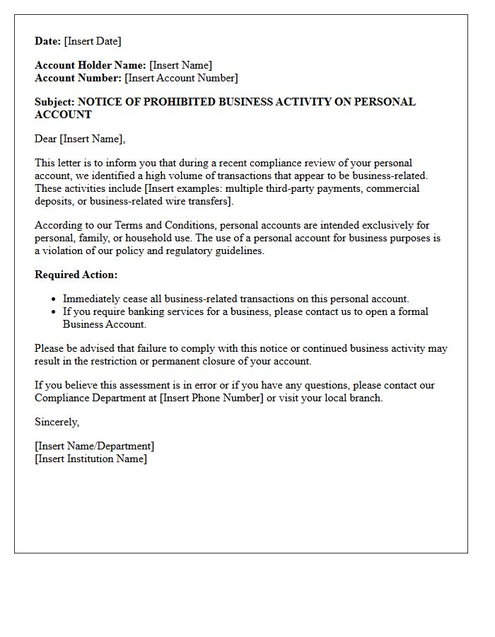 Compliance Warning Letter for Business Activity on Personal Financial Account
