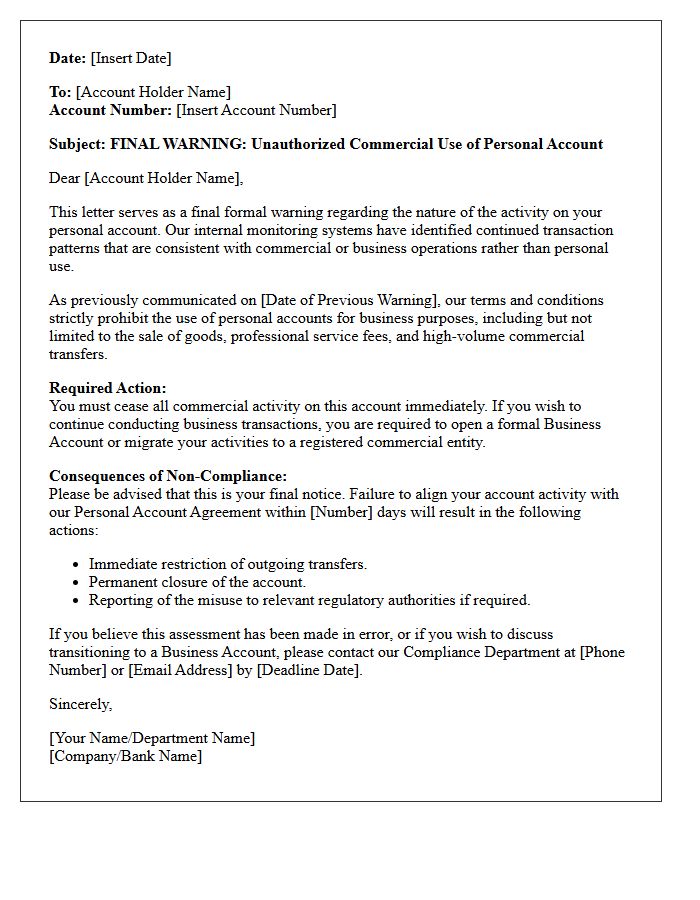 Final Warning Letter Concerning Unauthorized Commercial Operations via Personal Account