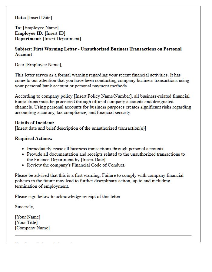 First Warning Letter for Unauthorized Business Transactions on Personal Account