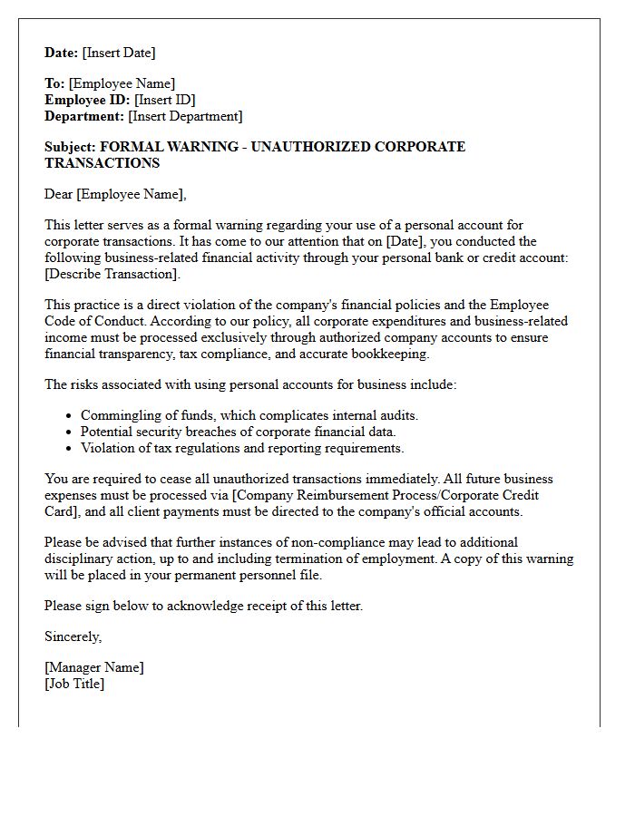 Formal Warning Letter for Unauthorized Corporate Transactions on Personal Account